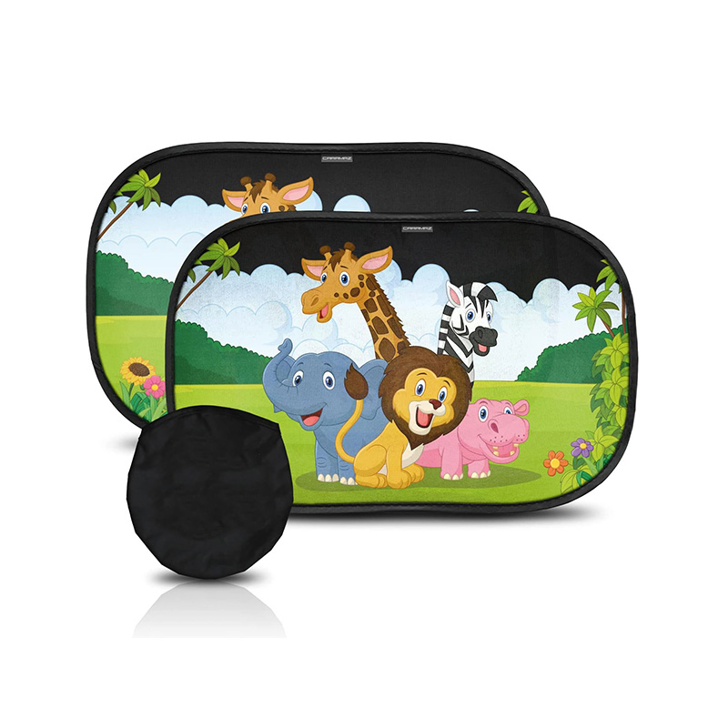 21 inch X 14 inch Set of Two Colorful Cartoon Animal Design Snug Fit Baby Car Sunshade